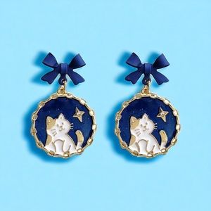 Navy Blue Bowknot Cute Cat Star Print Enamel‎ Dangle Earrings